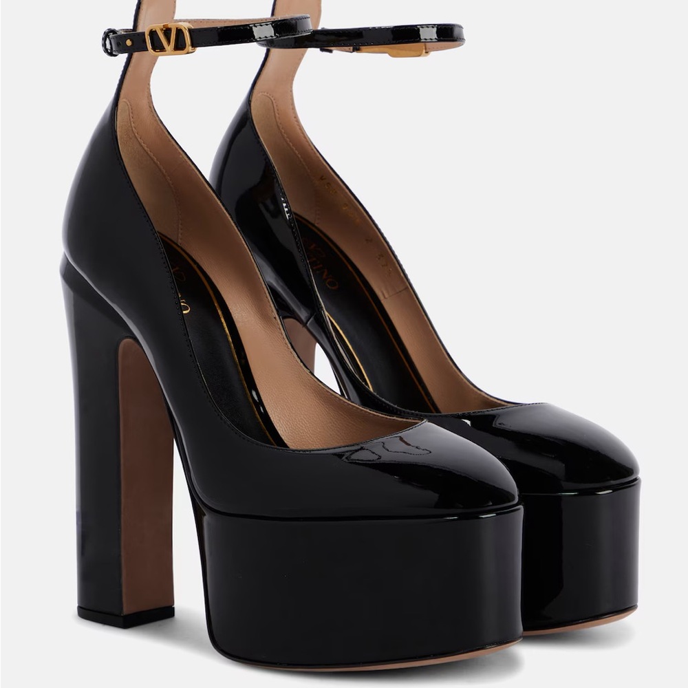Valentino Black Patent Leather Ta g-go Platform Ankle-Strap Pumps
